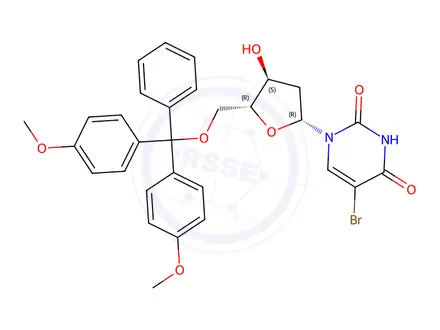 Chemical structure of 1-((2R,4S,5R)-5-((Bis(4-methoxyphenyl)(phenyl)methoxy)methyl)-4-hydroxytetrahydrofuran-2-yl)-5-bromopyrimidine-2,4(1H,3H)-dione