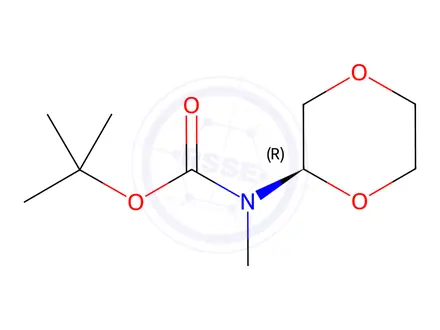 Chemical structure of Carbamic acid, N-(2R)-1,4-dioxan-2-yl-N-methyl-, 1,1-dimethylethyl ester