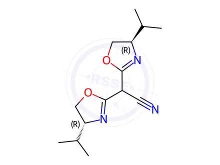 Chemical structure of 2-Oxazoleacetonitrile, α-[(4R)-4,5-dihydro-4-(1-methylethyl)-2-oxazolyl]-4,5-dihydro-4-(1-methylethyl)-, (4R)-