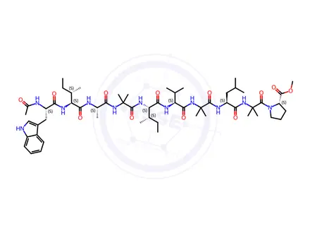 Chemical structure of acetyl-tryptophyl-isoleucyl-alanyl-aminoisobutyryl-isoleucyl-valyl-aminoisobutyryl-leucyl-aminoisobutyryl-proline methyl ester