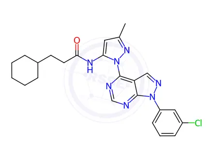 Chemical structure of N-[2-[1-(3-chlorophenyl)pyrazolo[3,4-d]pyrimidin-4-yl]-5-methylpyrazol-3-yl]-3-cyclohexylpropanamide