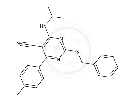 Chemical structure of 2-(Benzylthio)-4-(isopropylamino)-6-(p-tolyl)pyrimidine-5-carbonitrile