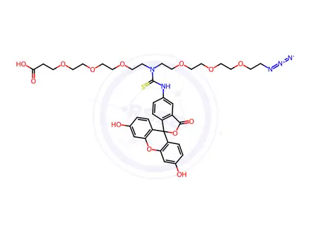 Chemical structure of 1-Azido-12-((3',6'-dihydroxy-3-oxo-3H-spiro[isobenzofuran-1,9'-xanthen]-5-yl)carbamothioyl)-3,6,9,15,18,21-hexaoxa-12-azatetracosan-24-oic acid