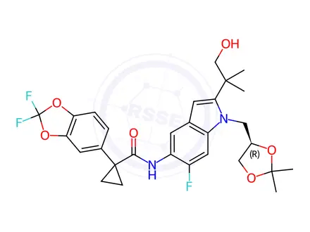 Chemical structure of (R)-1-(2,2-Difluorobenzo[d][1,3]dioxol-5-yl)-N-(1-((2,2-dimethyl-1,3-dioxolan-4-yl)methyl)-6-fluoro-2-(1-hydroxy-2-methylpropan-2-yl)-1H-indol-5-yl)cyclopropane-1-carboxamide