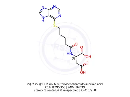 Chemical structure of (S)-2-(5-((1H-Purin-6-yl)thio)pentanamido)succinic acid