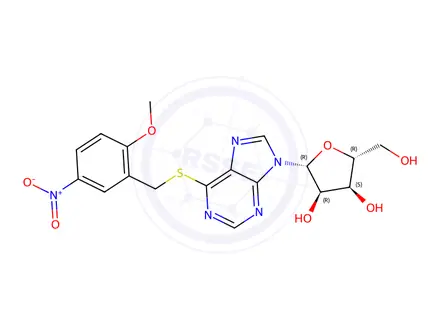 Chemical structure of (2R,3S,4R,5R)-2-(Hydroxymethyl)-5-(6-((2-methoxy-5-nitrobenzyl)thio)-9H-purin-9-yl)tetrahydrofuran-3,4-diol