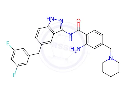Chemical structure of Benzamide, 2-amino-N-[5-[(3,5-difluorophenyl)methyl]-1H-indazol-3-yl]-4-(1-piperidinylmethyl)-
