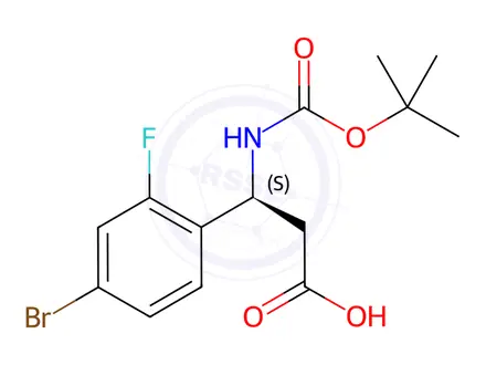 Chemical structure of (3S)-3-(4-bromo-2-fluorophenyl)-3-[(2-methylpropan-2-yl)oxycarbonylamino]propanoic acid