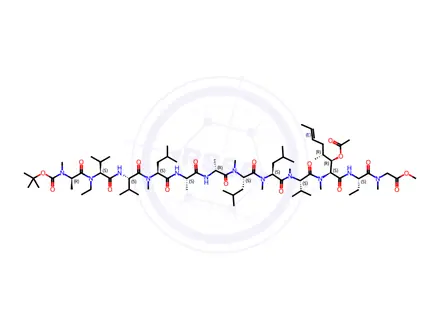Chemical structure of Methyl N-((S)-2-((2S,5S,8S,11S,14R)-2-((1R,2R,E)-1-acetoxy-2-methylhex-4-en-1-yl)-14-((S)-2-((S)-2-((S)-2-((S)-2-((R)-2-((tert-butoxycarbonyl)(methyl)amino)-N-ethylpropanamido)-3-methylbutanamido)-N,3-dimethylbutanamido)-4-methylpentanamido)propanamido)-8,11-diisobutyl-5-isopropyl-3,6,9,12-tetramethyl-4,7,10,13-tetraoxo-3,6,9,12-tetraazapentadecanamido)butanoyl)-N-methylglycinate