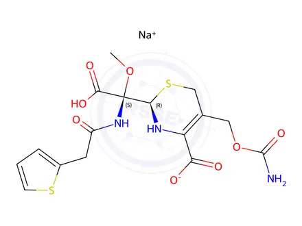 Chemical structure of sodium (R)-5-((carbamoyloxy)methyl)-2-((S)-carboxy(methoxy)(2-(thiophen-2-yl)acetamido)methyl)-3,6-dihydro-2H-1,3-thiazine-4-carboxylate