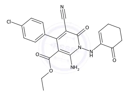 Chemical structure of Ethyl 2-amino-4-(4-chlorophenyl)-5-cyano-6-oxo-1-((6-oxocyclohex-1-en-1-yl)amino)-1,6-dihydropyridine-3-carboxylate