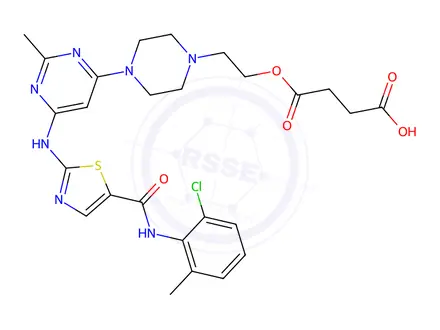 Chemical structure of 4-(2-(4-(6-((5-((2-Chloro-6-methylphenyl)carbamoyl)thiazol-2-yl)amino)-2-methylpyrimidin-4-yl)piperazin-1-yl)ethoxy)-4-oxobutanoic Acid