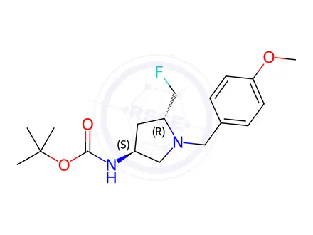 Chemical structure of Carbamic acid, N-[(3S,5R)-5-(fluoromethyl)-1-[(4-methoxyphenyl)methyl]-3-pyrrolidinyl]-, 1,1-dimethylethyl ester