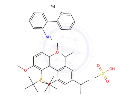 Chemical structure of [2’-(Amino-κN)[1,1’-biphenyl]-2-yl-κC][[3,6-dimethoxy-2’,4’,6’-tris(1-methylethyl)[1,1’-biphenyl]-2-yl]bis(1,1-dimethylethyl)phosphine-κP](methanesulfonato-κO)palladium (tBuBrettPh