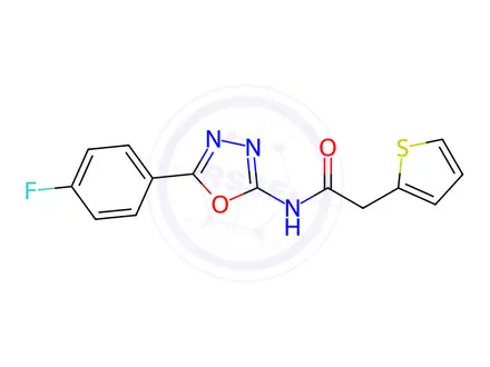Chemical structure of N-(5-(4-Fluorophenyl)-1,3,4-oxadiazol-2-yl)-2-(thiophen-2-yl)acetamide