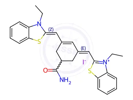 Chemical structure of 2-[(5-(AMINOCARBONYL)-3-([3-ETHYL-1,3-BENZOTHIAZOL-2(3H)-YLIDENE]METHYL)-2-CYCLOHEXEN-1-YLIDENE)METHYL]-3-ETHYL-1,3-BENZOTHIAZOL-3-IUM IODIDE