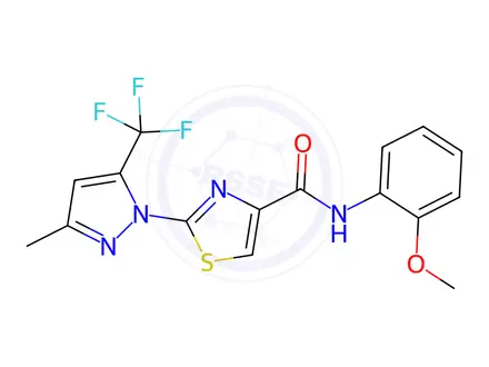 Chemical structure of N-(2-methoxyphenyl)-2-(3-methyl-5-(trifluoromethyl)-1H-pyrazol-1-yl)thiazole-4-carboxamide