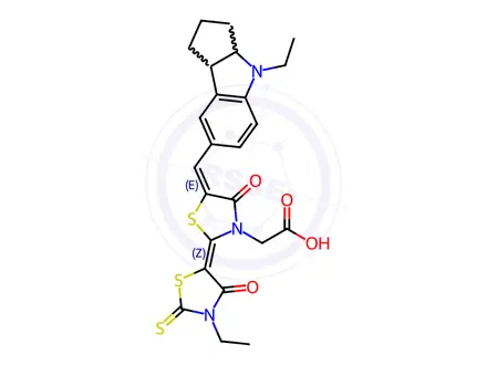 Chemical structure of 5-[(4-Ethyl-1,2,3,3a,4,8b-hexahydrocyclopent[b]indol-7-yl)methylene]-2-(3-ethyl-4-oxo-2-thioxo-5-thiazolidinylidene)-4-oxo-3-thiazolidineacetic Acid