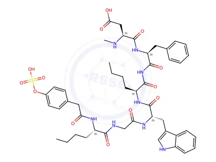 Chemical structure of (4S,10S,13S,16S)-10-((1H-Indol-3-yl)methyl)-16-(((S)-1-amino-1-oxo-3-phenylpropan-2-yl)carbamoyl)-4,13-dibutyl-15-methyl-2,5,8,11,14-pentaoxo-1-(4-(sulfooxy)phenyl)-3,6,9,12,15-pentaazaoctadecan-18-oic Acid