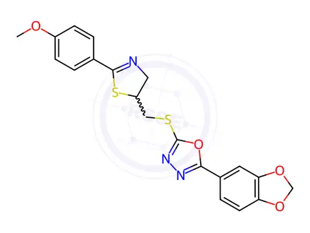 Chemical structure of 1,3,4-Oxadiazole, 2-(1,3-benzodioxol-5-yl)-5-[[[4,5-dihydro-2-(4-methoxyphenyl)-5-thiazolyl]methyl]thio]-