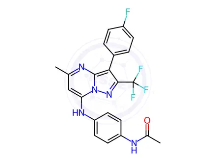 Chemical structure of N-[4-[[3-(4-fluorophenyl)-5-methyl-2-(trifluoromethyl)pyrazolo[1,5-a]pyrimidin-7-yl]amino]phenyl]acetamide