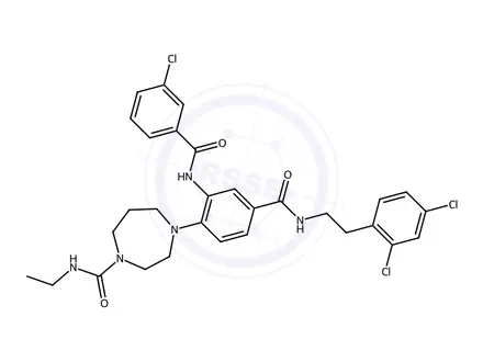 Chemical structure of 4-(2-(3-Chlorobenzamido)-4-((2,4-dichlorophenethyl)carbamoyl)phenyl)-N-ethyl-1,4-diazepane-1-carboxamide
