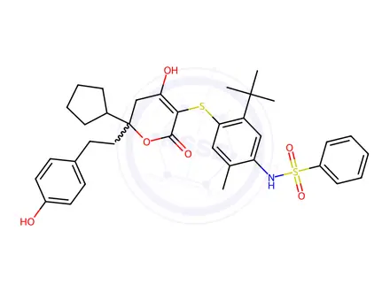 Chemical structure of N-(5-(tert-Butyl)-4-((6-cyclopentyl-4-hydroxy-6-(4-hydroxyphenethyl)-2-oxo-5,6-dihydro-2H-pyran-3-yl)thio)-2-methylphenyl)benzenesulfonamide