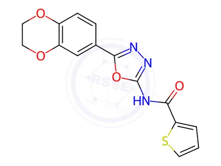 Chemical structure of N-(5-(2,3-Dihydrobenzo[b][1,4]dioxin-6-yl)-1,3,4-oxadiazol-2-yl)thiophene-2-carboxamide