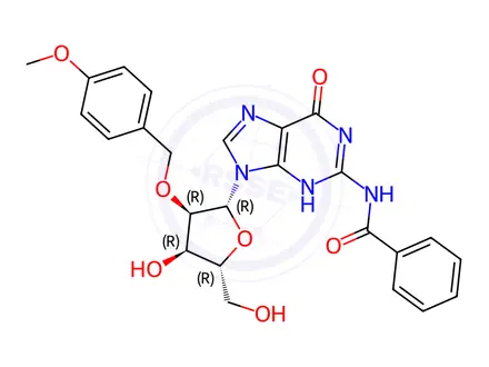 Chemical structure of N-(9-((2R,3R,4R,5R)-4-Hydroxy-5-(hydroxymethyl)-3-((4-methoxybenzyl)oxy)tetrahydrofuran-2-yl)-6-oxo-6,9-dihydro-1H-purin-2-yl)benzamide