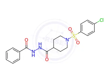 Chemical structure of N'-benzoyl-1-((4-chlorophenyl)sulfonyl)piperidine-4-carbohydrazide