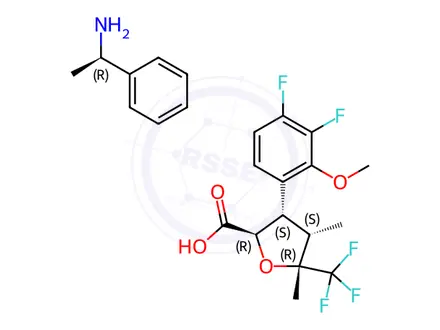 Chemical structure of (2R,3S,4S,5R)-3-(3,4-Difluoro-2-methoxyphenyl)-4,5-dimethyl-5-(trifluoromethyl)tetrahydrofuran-2-carboxylic acid (R)-1-phenylethan-1-amine