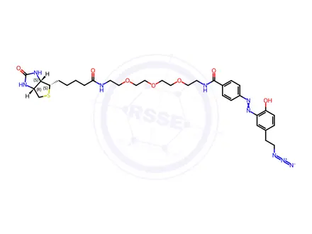 Chemical structure of 1H-Thieno[3,4-d]imidazole-4-pentanamide, N-[13-[4-[(1E)-2-[5-(2-azidoethyl)-2-hydroxyphenyl]diazenyl]phenyl]-13-oxo-3,6,9-trioxa-12-azatridec-1-yl]hexahydro-2-oxo-, (3aS,4S,6aR)
