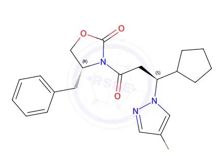 Chemical structure of (R)-4-Benzyl-3-((S)-3-(4-bromo-1H-pyrazol-1-yl)-3-cyclopentylpropanoyl)oxazolidin-2-one