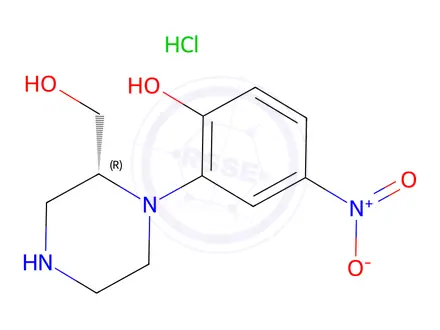 Chemical structure of (R)-2-(2-(hydroxymethyl)piperazin-1-yl)-4-nitrophenol hydrochloride