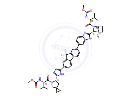 Chemical structure of Methyl ((S)-1-((S)-6-(5-(9,9-difluoro-7-(2-((1R,3S,4S)-2-((methoxycarbonyl)-D-valyl)-2-azabicyclo[2.2.1]heptan-3-yl)-1H-benzo[d]imidazol-6-yl)-9H-fluoren-2-yl)-1H-imidazol-2-yl)-5-azaspiro[2.4]heptan-5-yl)-3-methyl-1-oxobutan-2-yl)carbamate