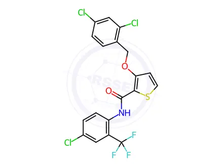 Chemical structure of N-(4-chloro-2-(trifluoromethyl)phenyl)-3-((2,4-dichlorobenzyl)oxy)thiophene-2-carboxamide