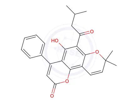 Chemical structure of 5-Hydroxy-6-(3-methylbutyryl)-4-phenyl-8,8-dimethyl-2H,8H-benzo[1,2-b:3,4-b']dipyran-2-one