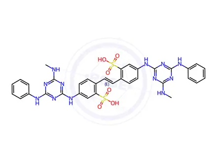 Chemical structure of 4,4'-bis[[6-anilino-4-(methylamino)-1,3,5-triazin-2-yl]amino]stilbene-2,2'-disulphonic acid