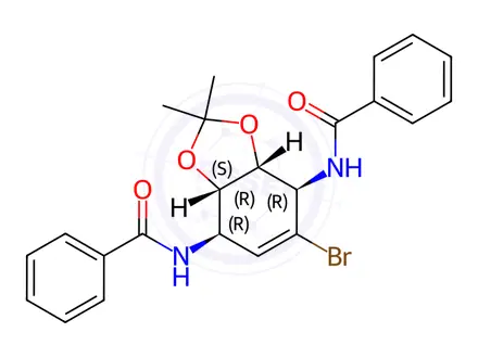 Chemical structure of N,N'-((3aR,4R,7R,7aS)-5-bromo-2,2-dimethyl-3a,4,7,7a-tetrahydrobenzo[d][1,3]dioxole-4,7-diyl)dibenzamide