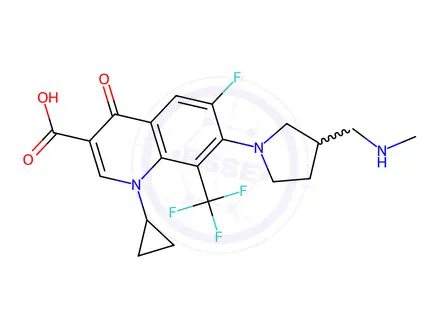 Chemical structure of 1-Cyclopropyl-6-fluoro-7-(3-((methylamino)methyl)pyrrolidin-1-yl)-4-oxo-8-(trifluoromethyl)-1,4-dihydroquinoline-3-carboxylic acid