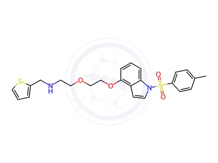Chemical structure of N-(thiophen-2-ylmethyl)-2-(2-((1-tosyl-1H-indol-4-yl)oxy)ethoxy)ethan-1-amine