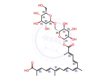 Chemical structure of 8,8'-Diapo-ψ,ψ-carotenedioic acid, 8-(6-O-β-D-glucopyranosyl-β-D-glucopyranosyl) ester, 13-cis-; 13-cis-crocin 3; Cis-crocin-3; cis-2-G Crocin; cis-Crocetin (β-D-gentiobiosyl) ester; cis-Crocetin gentiobiosyl ester; cis-Crocin 3; β-D-Glucopyranose, 1-O-(15-carboxy-2,6,11-trimethyl-1-oxo-2,4,6,8,10,12,14-hexadecaheptaenyl)-6-O-β-D-glucopyranosyl-, (2E,4E,6Z,8E,10E,12E,14E)-; β-D-Glucopyranose, 6-O-β-D-glucopyranosyl-, 1-[1-hydrogen (2E,4E,6E,8E,10Z,12E,14E)-2,6,11,15-tetramethyl-2,4,6,8,10,12,14-hexadecaheptaenedioate]; (2E,4E,6E,8E,10Z,12E,14E)-2,6,11,15-tetramethyl-16-oxo-16-(((2S,3R,4S,5S,6R)-3,4,5-trihydroxy-6-((((2R,3R,4S,5S,6R)-3,4,5-trihydroxy-6-(hydroxymethyl)tetrahydro-2H-pyran-2-yl)oxy)methyl)tetrahydro-2H-pyran-2-yl)oxy)hexadeca-2,4,6,8,10,12,14-heptaenoic acid