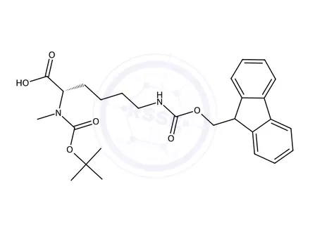 Chemical structure of N6-(((9H-fluoren-9-yl)methoxy)carbonyl)-N2-(tert-butoxycarbonyl)-N2-methyl-L-lysine