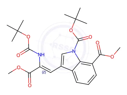 Chemical structure of O1-tert-Butyl O7-methyl 3-[(z)-2-(tert-Butoxycarbonylamino)-3-methoxy-3-oxo-prop-1-enyl]indole-1,7-dicarboxylate