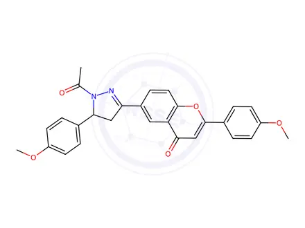 Chemical structure of 1H-Pyrazole, 4,5-dihydro-1-acetyl-5-(4-methoxyphenyl)-3-(2-(4-methoxyp henyl)-4-oxo-4H-1-benzopyran-6-yl)-