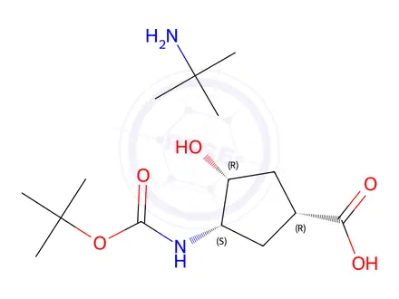 Chemical structure of 2-Methylpropan-2-amine (1R,3S,4R)-3-((tert-butoxycarbonyl)amino)-4-hydroxycyclopentane-1-carboxylate