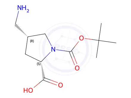 Chemical structure of (2S,4R)-4-(Aminomethyl)-1-(tert-butoxycarbonyl)pyrrolidine-2-carboxylicacid