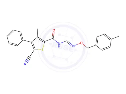 Chemical structure of 5-Cyano-3-methyl-N-({[(4-methylbenzyl)oxy]imino}methyl)-4-phenyl-2-thiophenecarboxamide