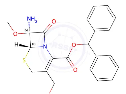 Chemical structure of (6R,7S)-benzhydryl 7-amino-3-(hydroxymethyl)-7-methoxy-8-oxo-5-thia-1-azabicyclo[4.2.0]oct-2-ene-2-carboxylate