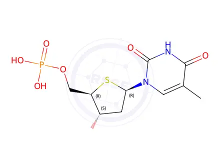 Chemical structure of ((2R,3S,5R)-3-hydroxy-5-(5-methyl-2,4-dioxo-3,4-dihydropyrimidin-1(2H)-yl)tetrahydrothiophen-2-yl)methyl dihydrogen phosphate